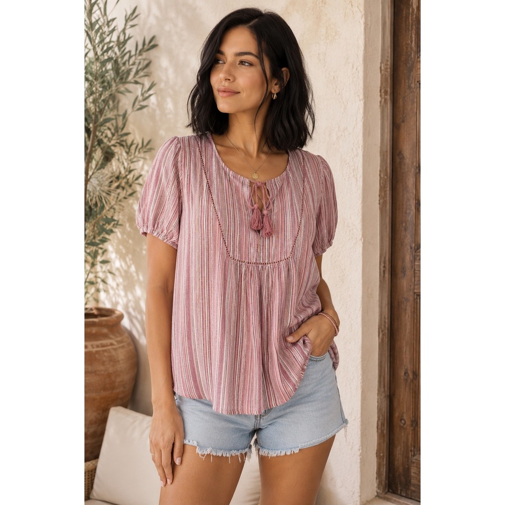 Lucky Brand Pink Striped Cotton Linen Peasant Blouse NWT‎ Small